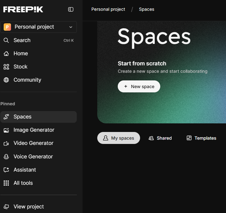 Freepik AI dashboard showing stock library and AI generation tools side by side