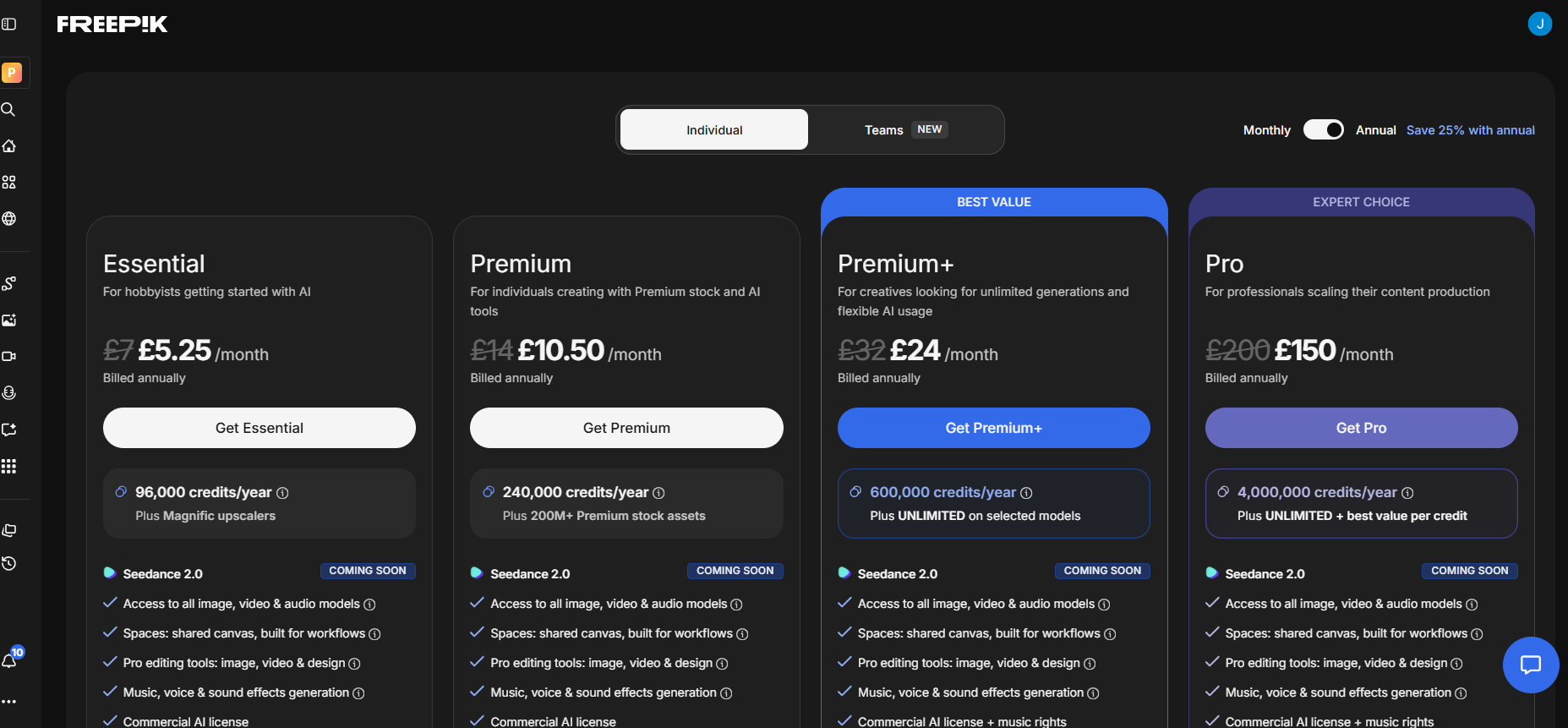Freepik pricing plans showing free tier and premium subscription options