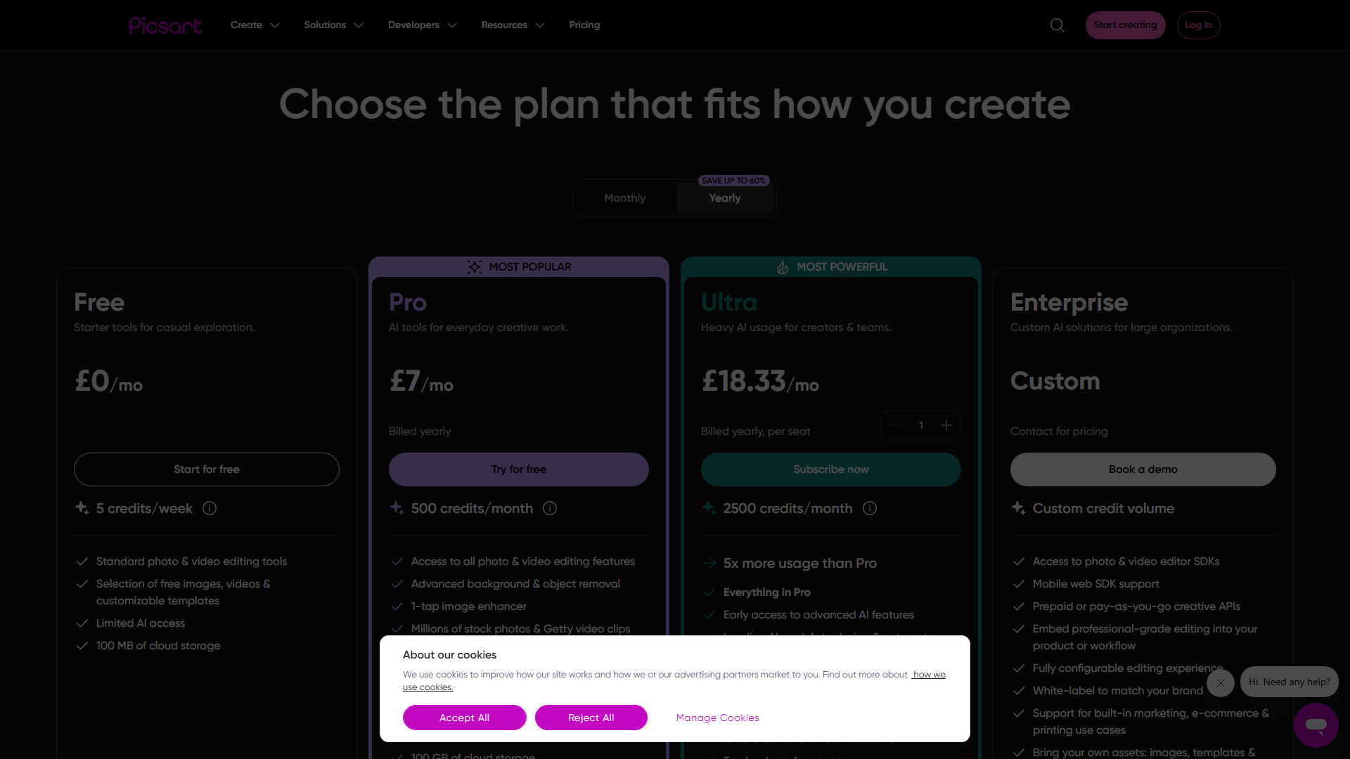 Picsart pricing plans and credit allocation breakdown