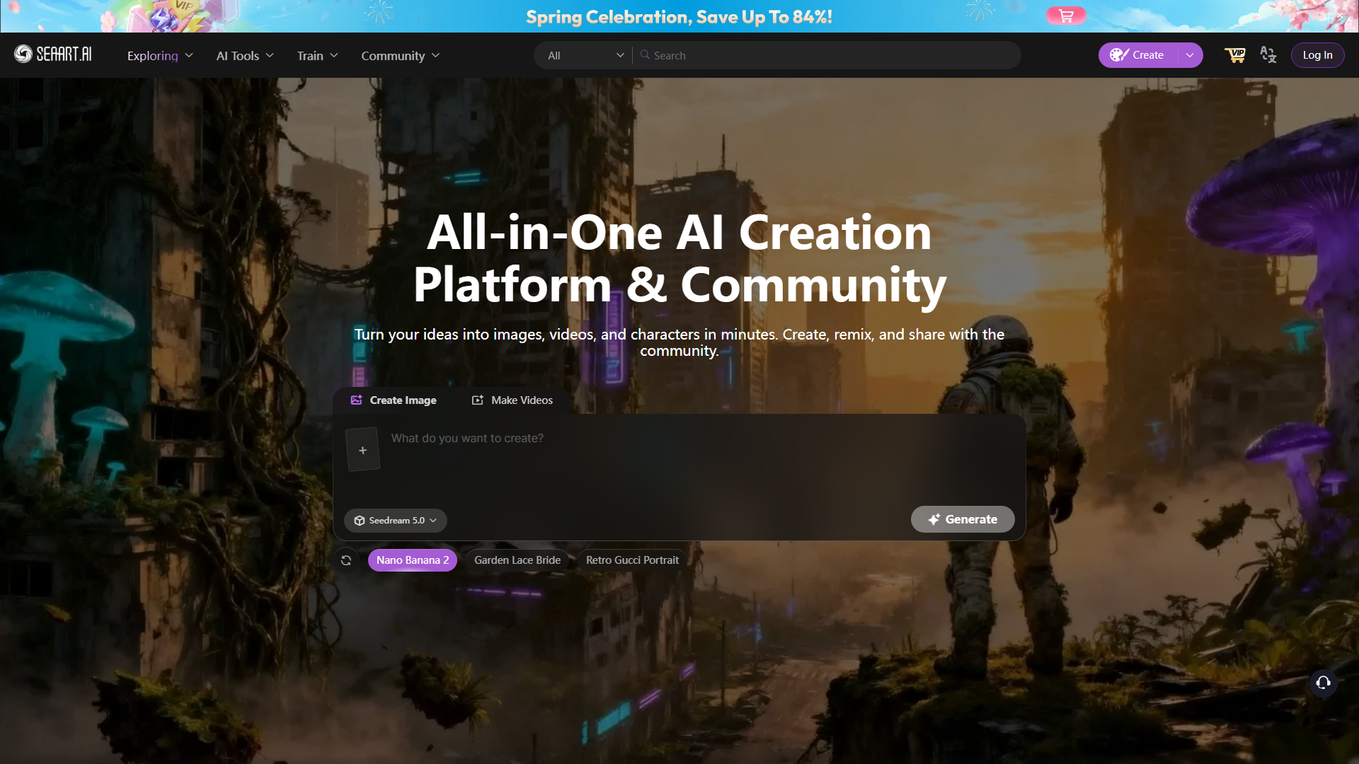 SeaArt dashboard showing 41+ models and community generation feed