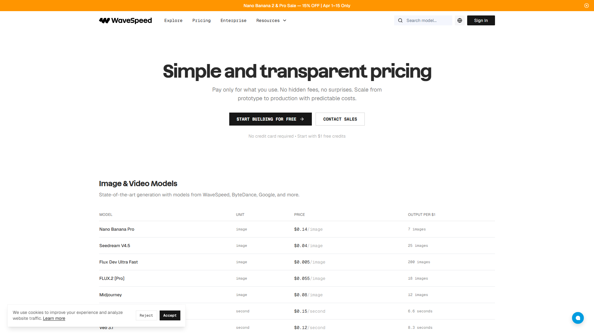 WaveSpeed AI pricing page showing pay-per-use rates across model tiers