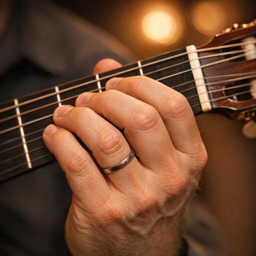 GPT Image 1.5 - A professional classical guitarist's left hand pressing an F barre chord on the fretboard, all fingers arched naturally with proper technique, visible calluses on fingertips, warm stage lighting, shallow depth of field on the hand