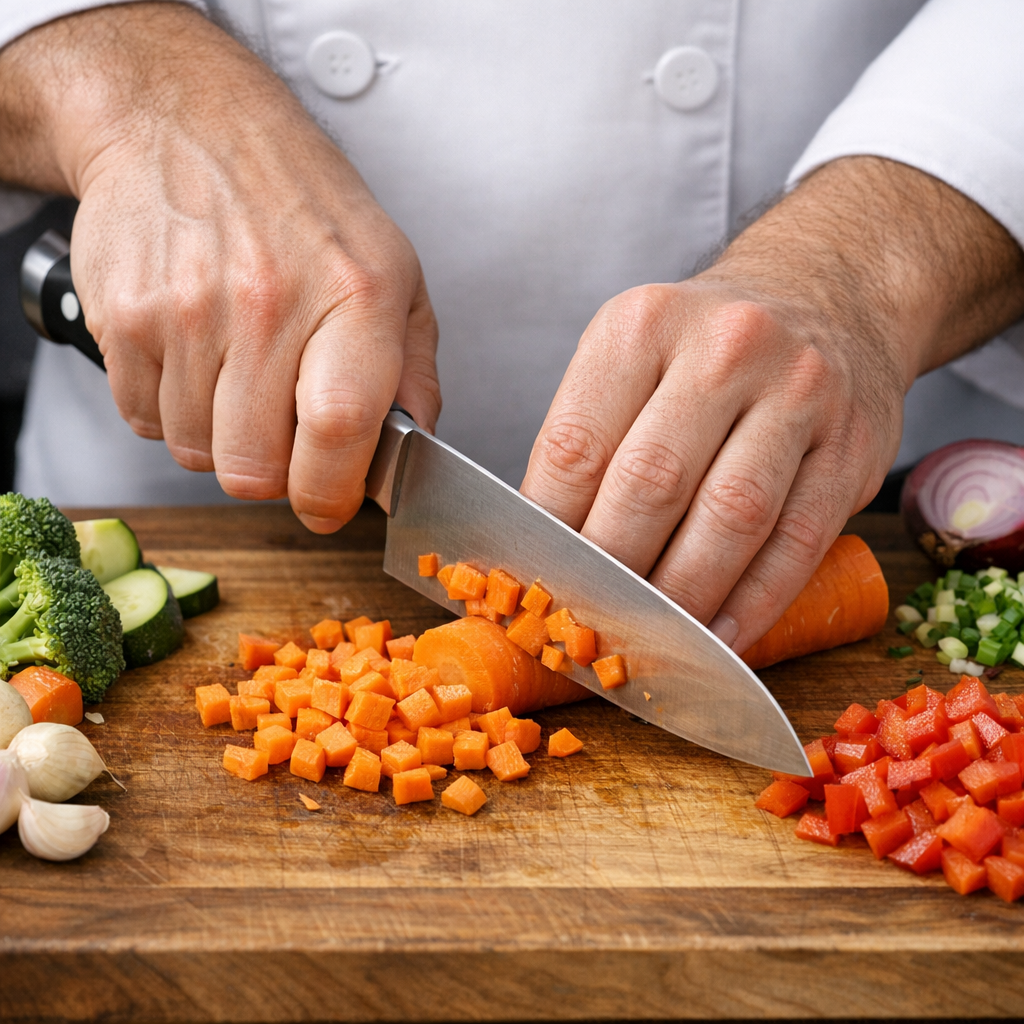 GPT Image 1.5 - Chef's hands chopping vegetables with a kitchen knife, proper grip technique, cutting board