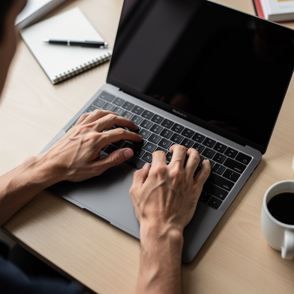 FLUX.2 Pro - Person typing on laptop keyboard, all ten fingers positioned naturally over keys, office desk
