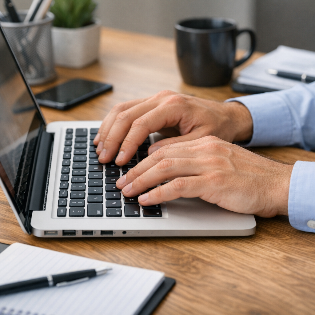 GPT Image 1.5 - Person typing on laptop keyboard, all ten fingers positioned naturally over keys, office desk