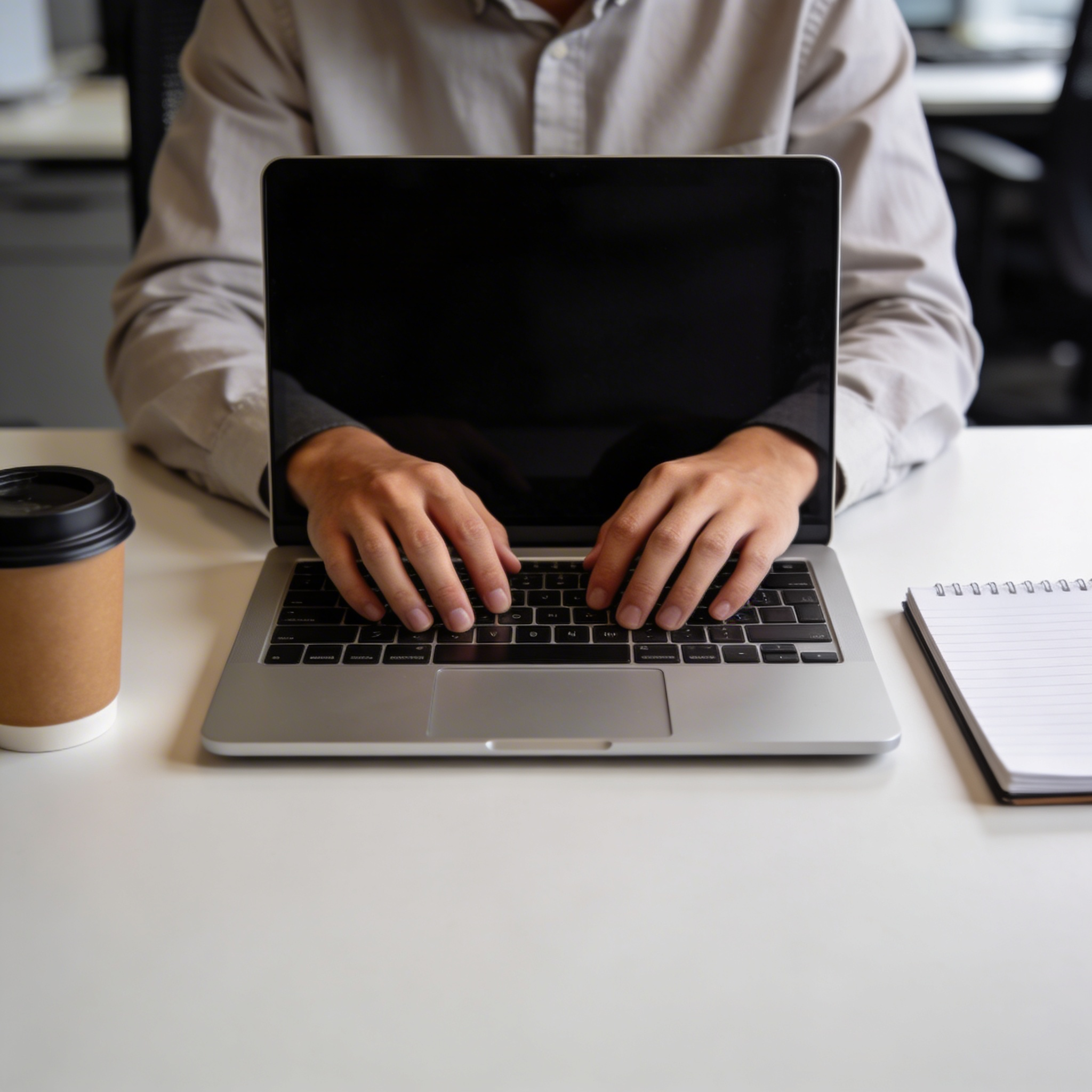 Seedream 4.5 - Person typing on laptop keyboard, all ten fingers positioned naturally over keys, office desk