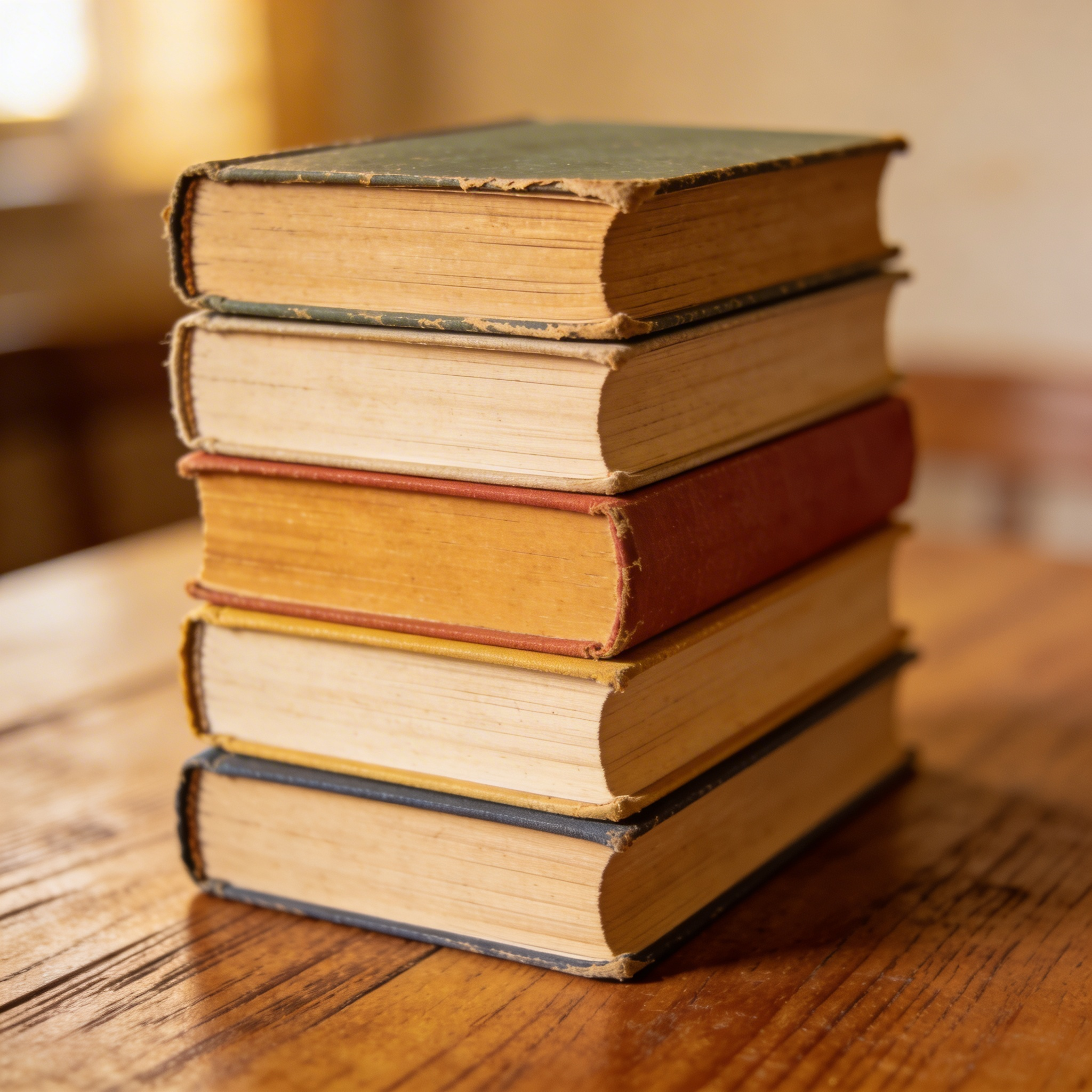 Seedream 4.5 - Stack of five books on a wooden table