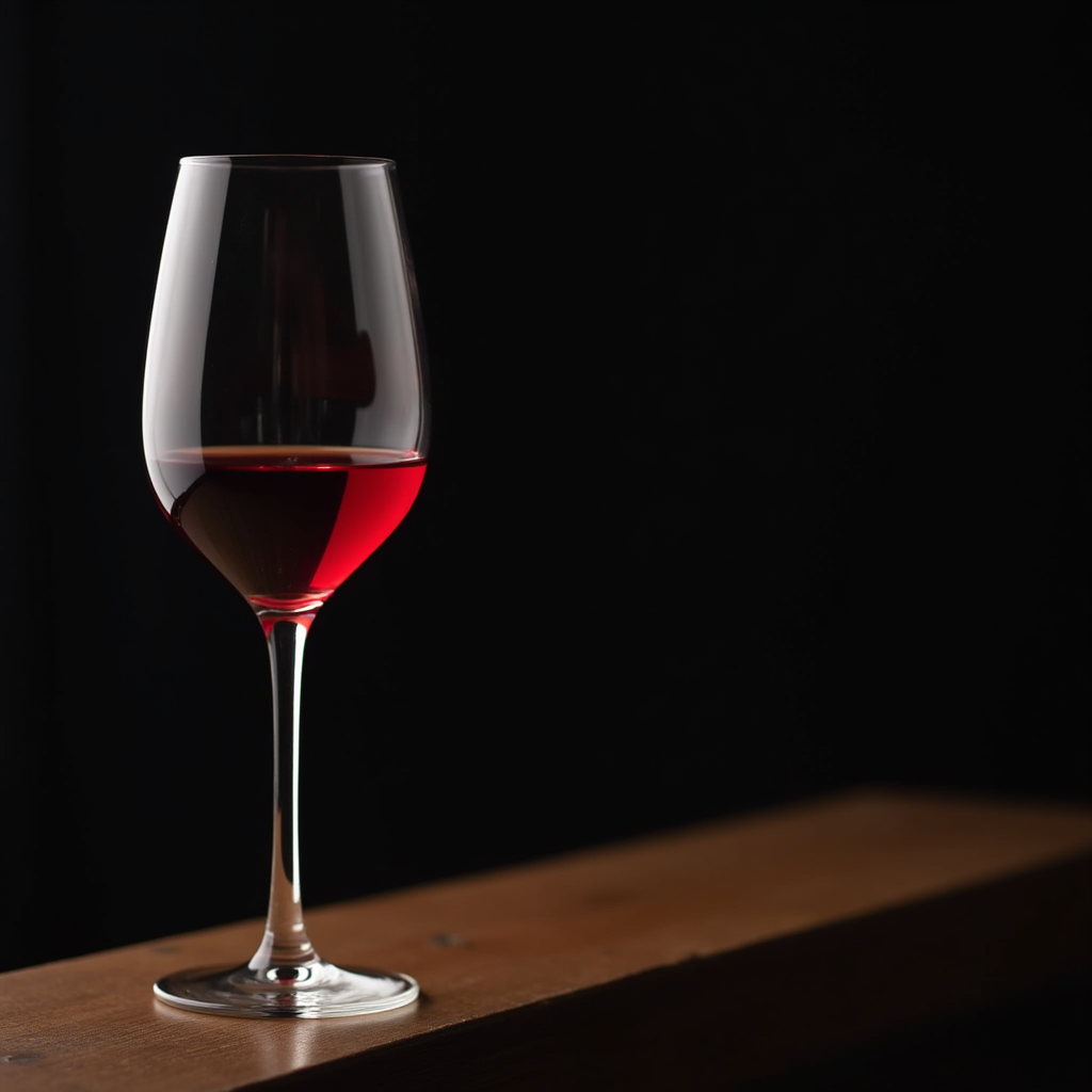 Flux Dev - Wine glass balanced on the edge of a table, red wine inside, dramatic lighting