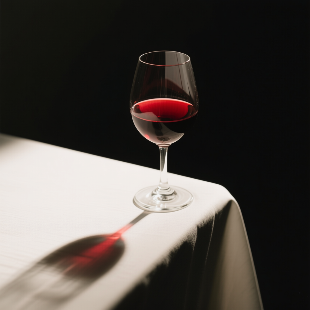 Qwen Image 2512 - Wine glass balanced on the edge of a table, red wine inside, dramatic lighting