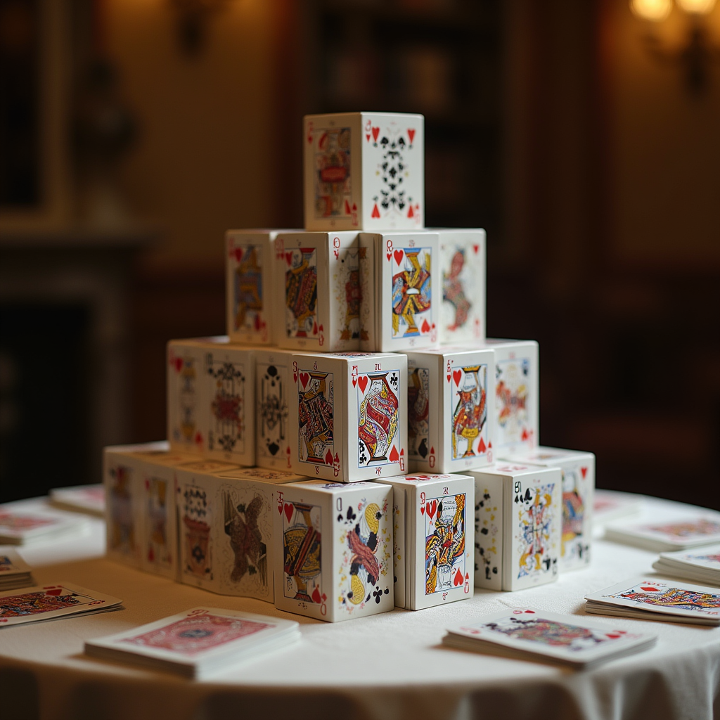 Flux Dev - House of cards three levels high on a table