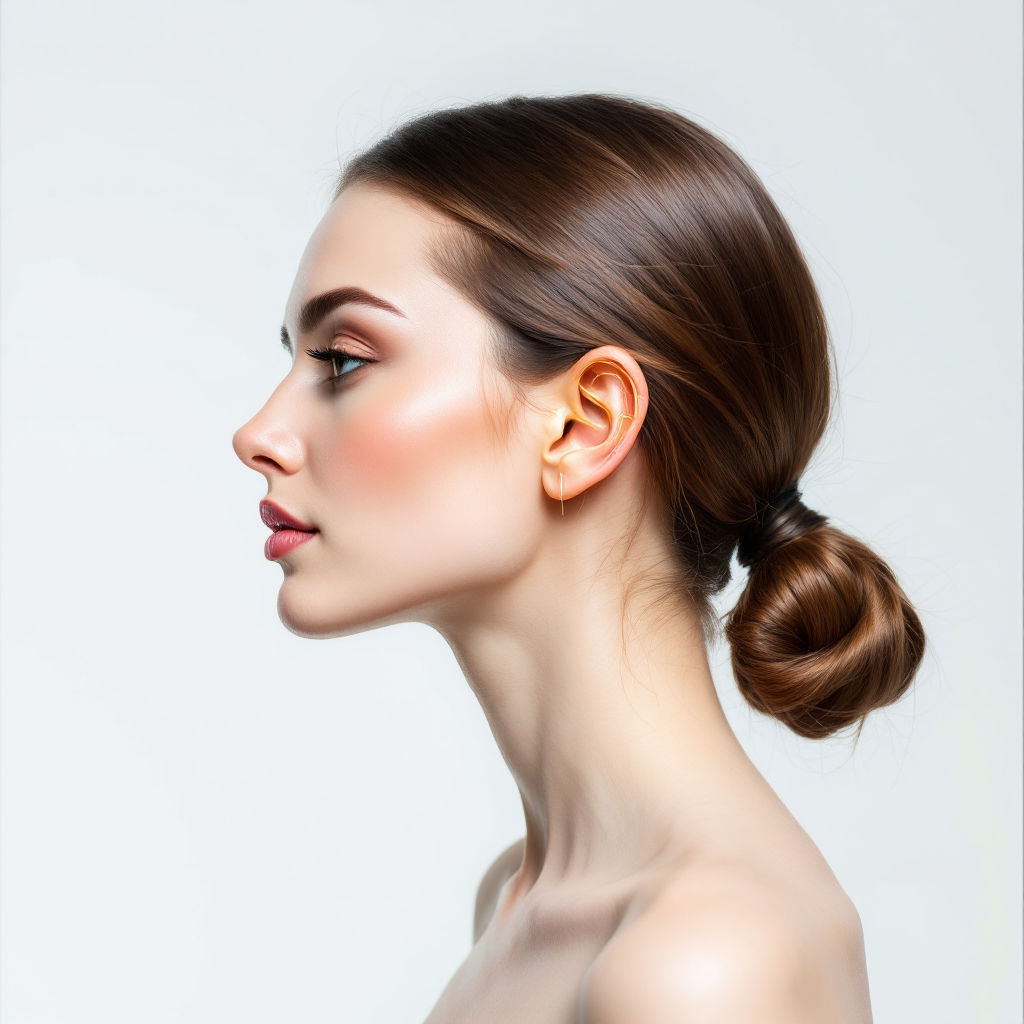FLUX 1.1 Pro - Profile view of a woman with detailed ear anatomy visible, hair tucked behind ear, elegant neck