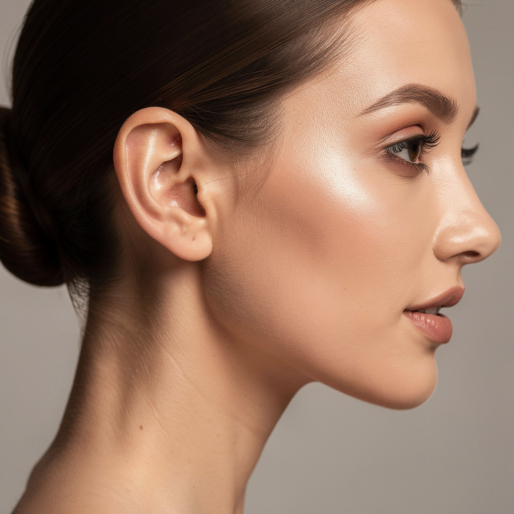 FLUX.2 Pro - Profile view of a woman with detailed ear anatomy visible, hair tucked behind ear, elegant neck