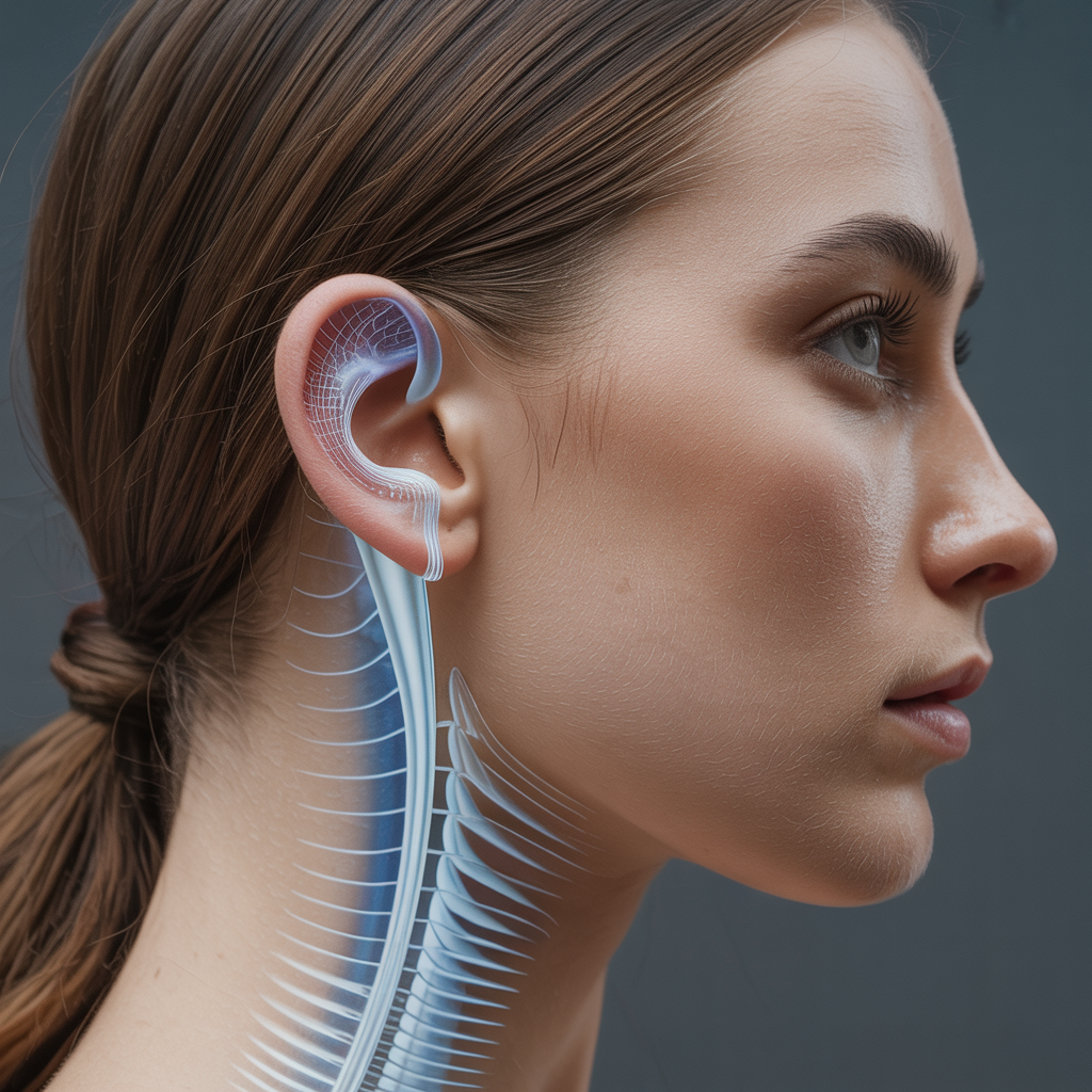 Ideogram 3.0 - Profile view of a woman with detailed ear anatomy visible, hair tucked behind ear, elegant neck