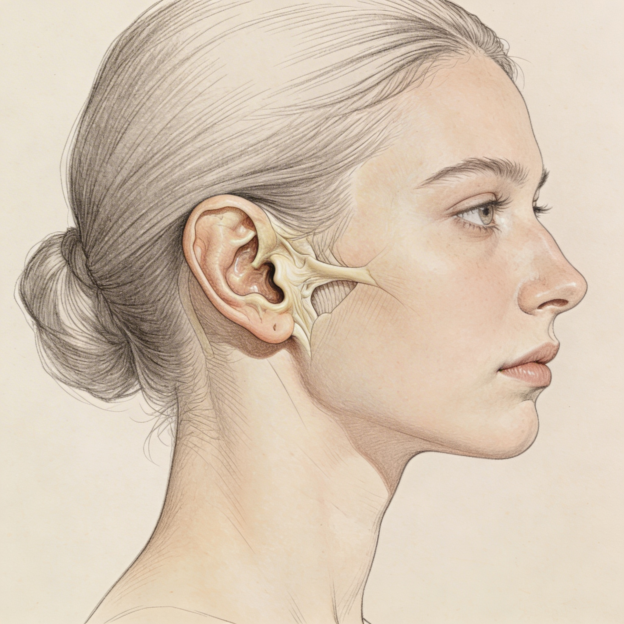 Seedream 4.5 - Profile view of a woman with detailed ear anatomy visible, hair tucked behind ear, elegant neck