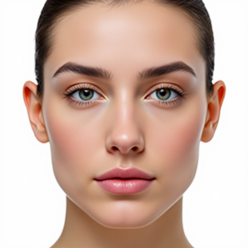 FLUX 1.1 Pro - Portrait showing both ears of person facing camera directly, symmetrical face, neutral expression