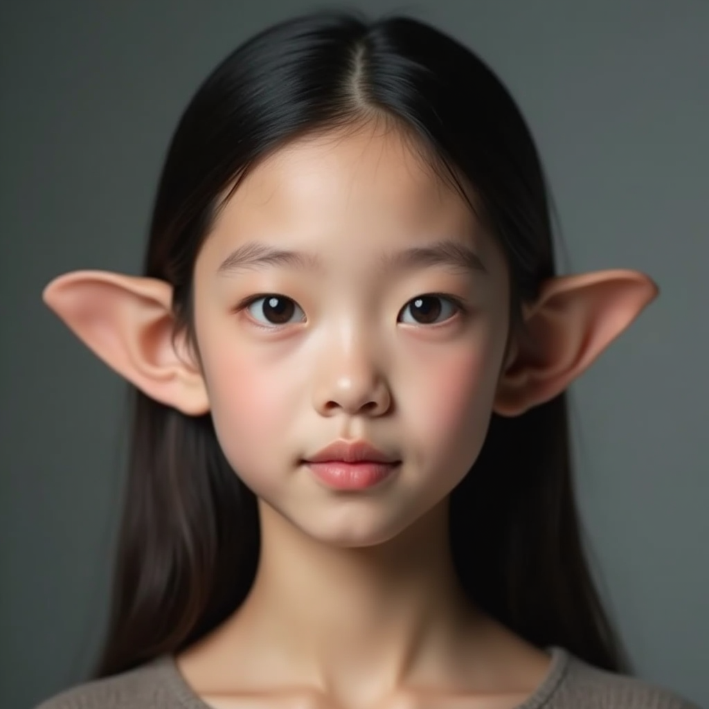 Flux Dev - Portrait showing both ears of person facing camera directly, symmetrical face, neutral expression