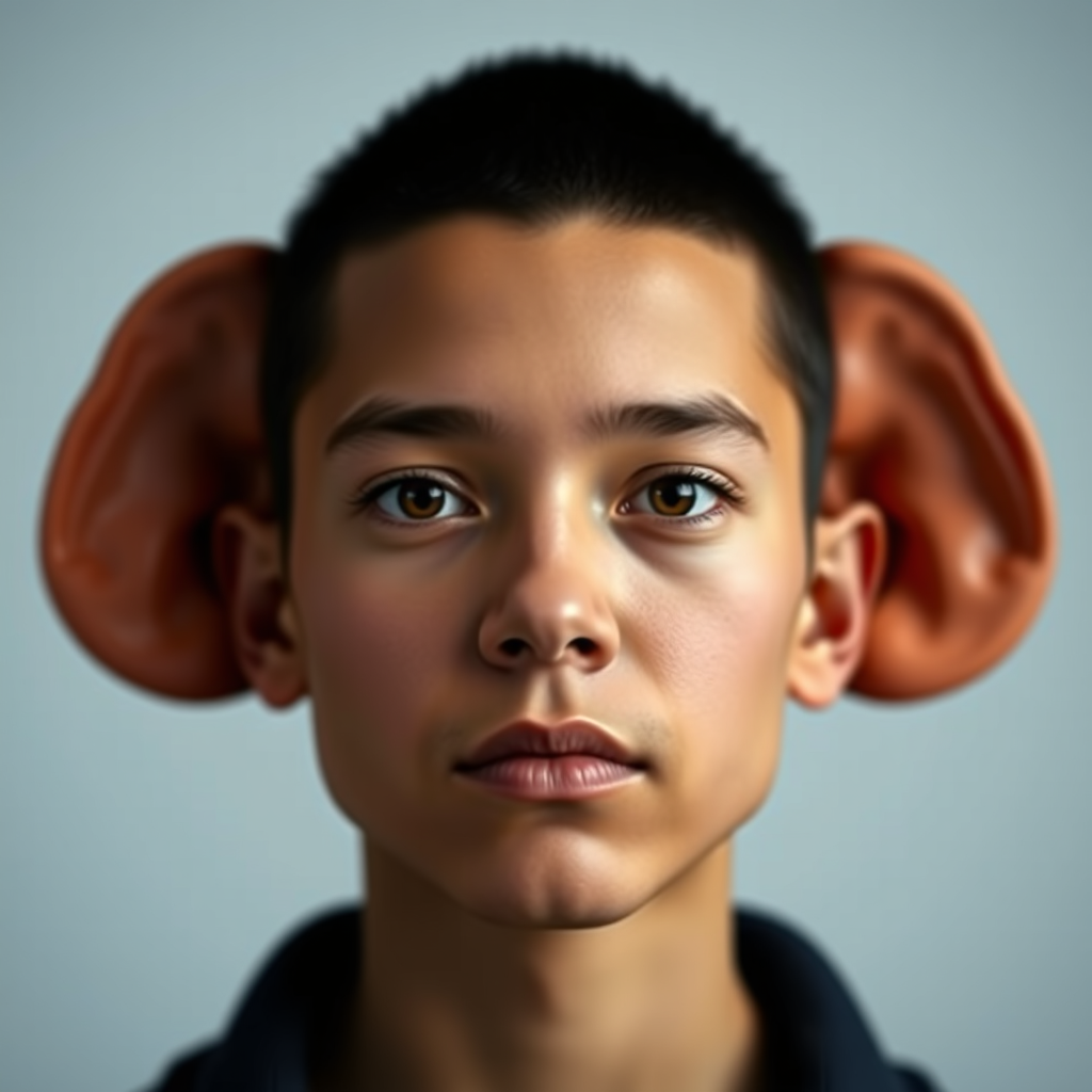 Flux Schnell - Portrait showing both ears of person facing camera directly, symmetrical face, neutral expression