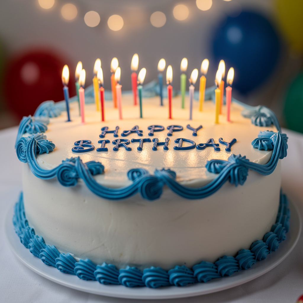 FLUX.2 Max - Birthday cake with HAPPY BIRTHDAY written in blue frosting, lit candles on top