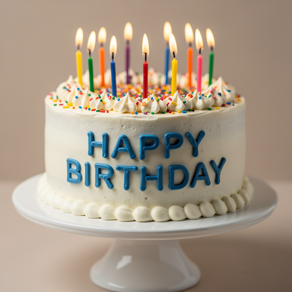 FLUX.2 Pro - Birthday cake with HAPPY BIRTHDAY written in blue frosting, lit candles on top