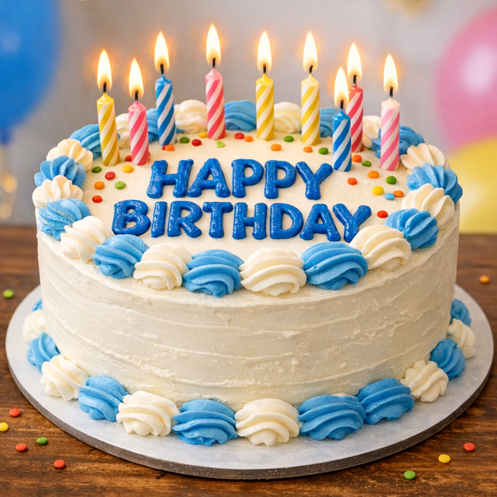 GPT Image 1.5 - Birthday cake with HAPPY BIRTHDAY written in blue frosting, lit candles on top