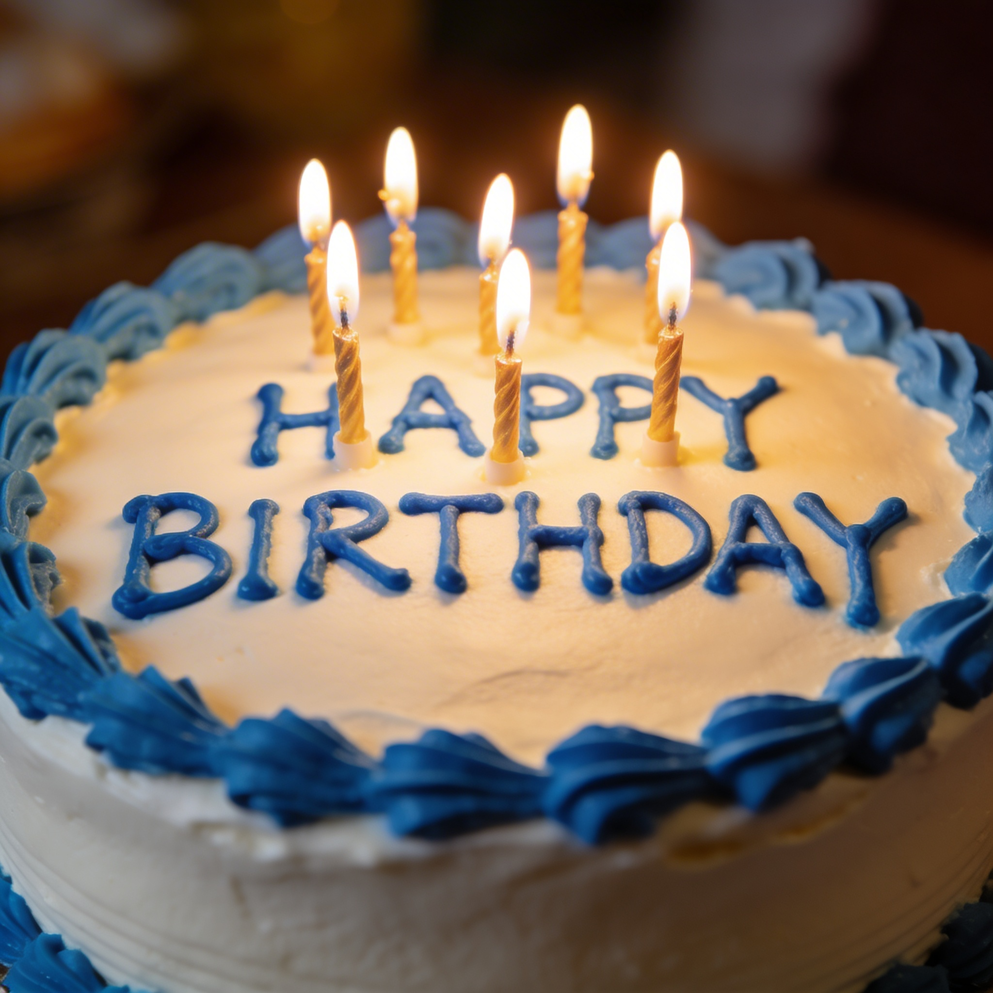 Seedream 4.5 - Birthday cake with HAPPY BIRTHDAY written in blue frosting, lit candles on top