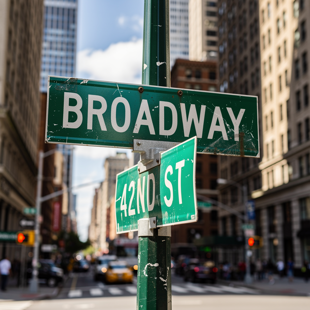 FLUX.2 Max - Street sign at intersection showing BROADWAY and 42ND ST, New York City buildings in background