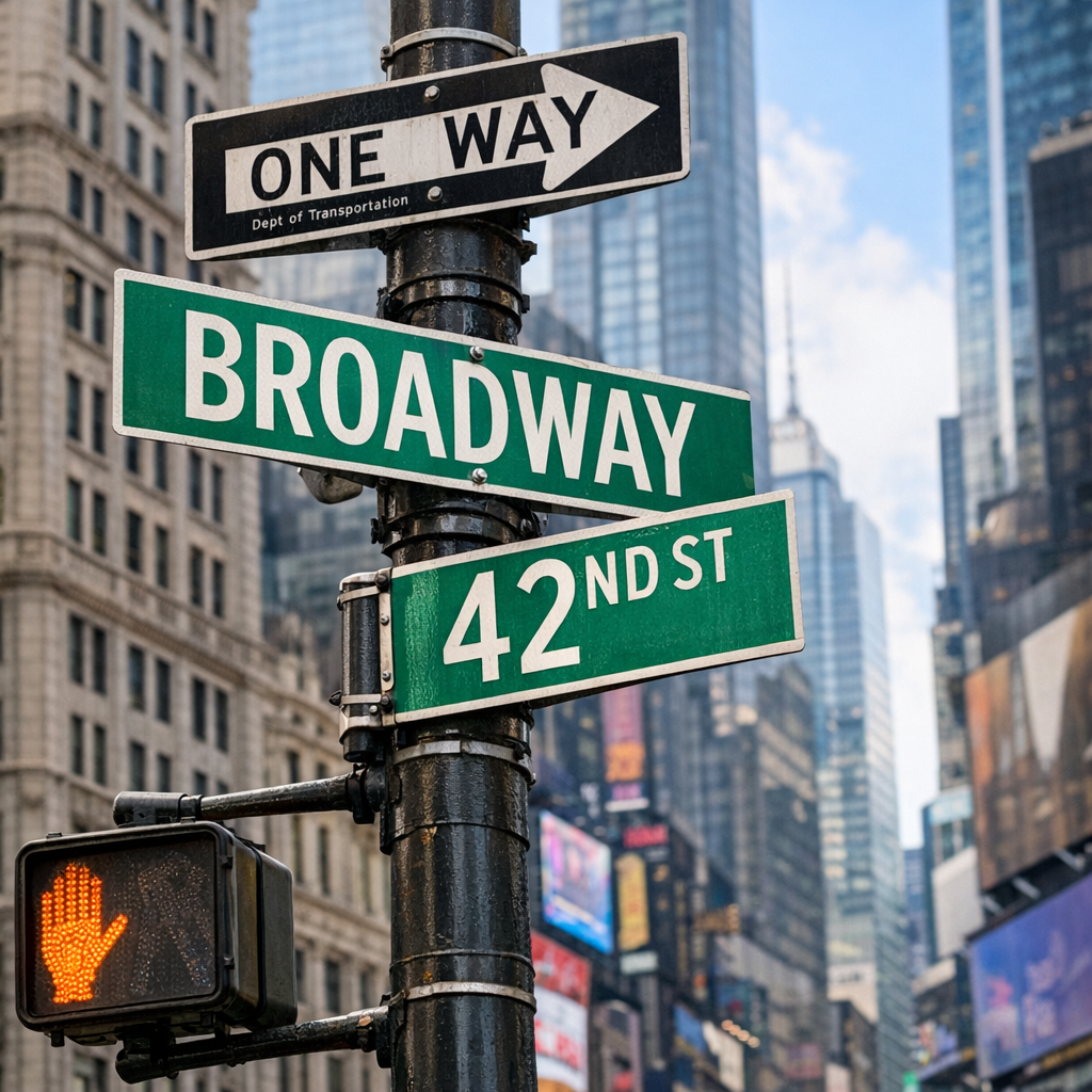 GPT Image 1.5 - Street sign at intersection showing BROADWAY and 42ND ST, New York City buildings in background