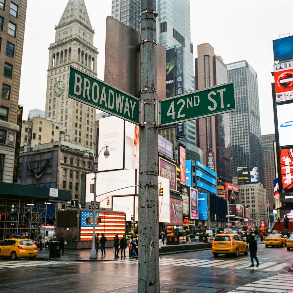 Nano Banana Pro - Street sign at intersection showing BROADWAY and 42ND ST, New York City buildings in background