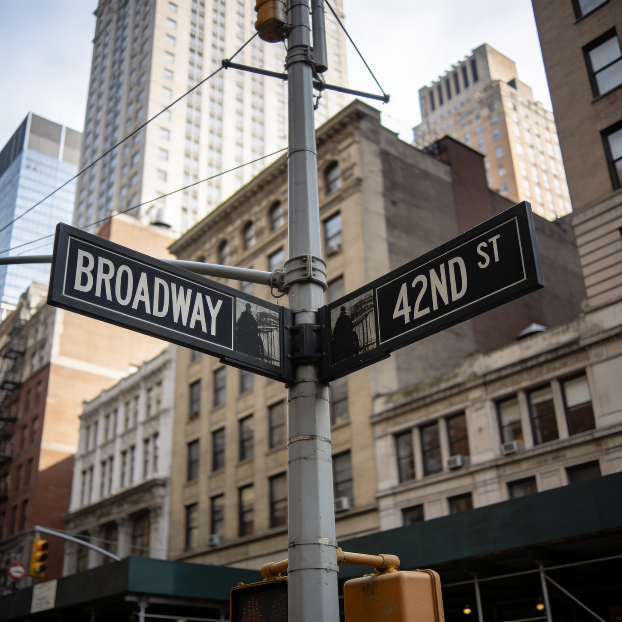 Seedream 4.5 - Street sign at intersection showing BROADWAY and 42ND ST, New York City buildings in background
