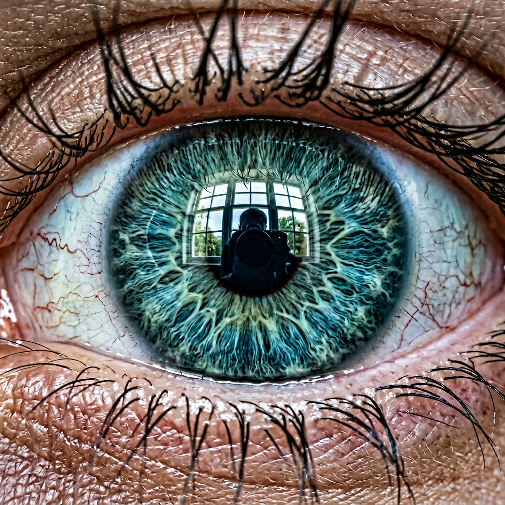 Nano Banana 2 - Extreme macro close-up of a human eye filling the entire frame, crystalline iris patterns in blue-green, individual eyelashes in sharp focus in foreground, reflection of window visible in the pupil