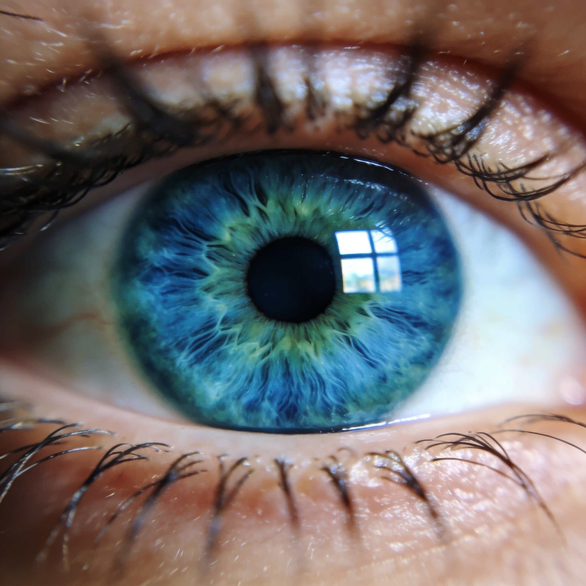 Seedream 4.5 - Extreme macro close-up of a human eye filling the entire frame, crystalline iris patterns in blue-green, individual eyelashes in sharp focus in foreground, reflection of window visible in the pupil