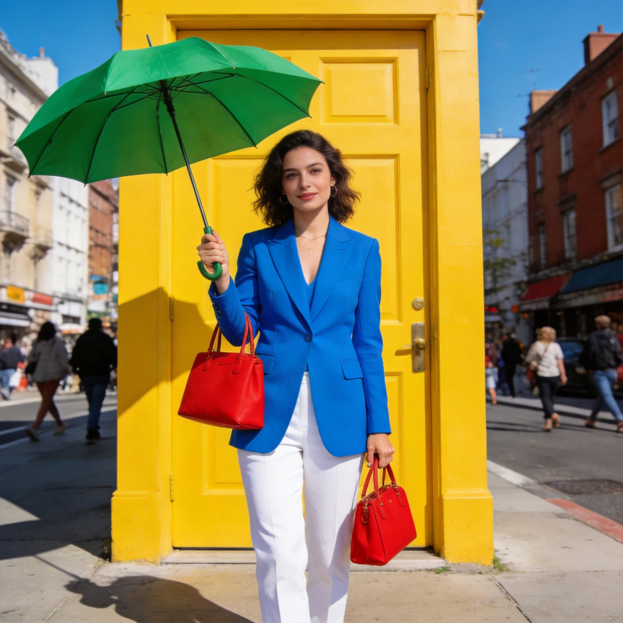 Seedream 4.5 - A woman wearing a bright blue blazer and white pants standing in front of a bright yellow door, holding a red handbag in her left hand and a green umbrella in her right hand, city street background