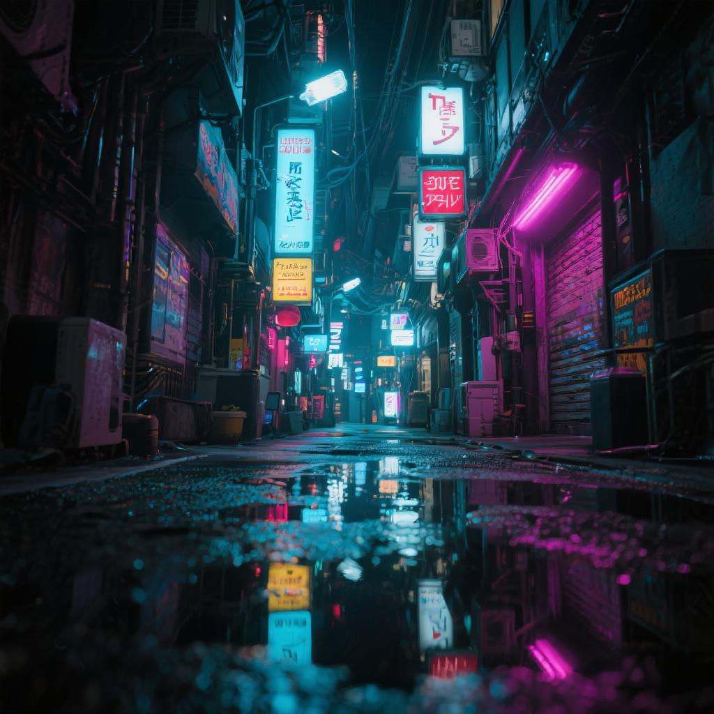 Seedream 3.0 ($0.018) - Cyberpunk Tokyo alley at night, neon signs reflecting on wet pavement, cinematic color grading