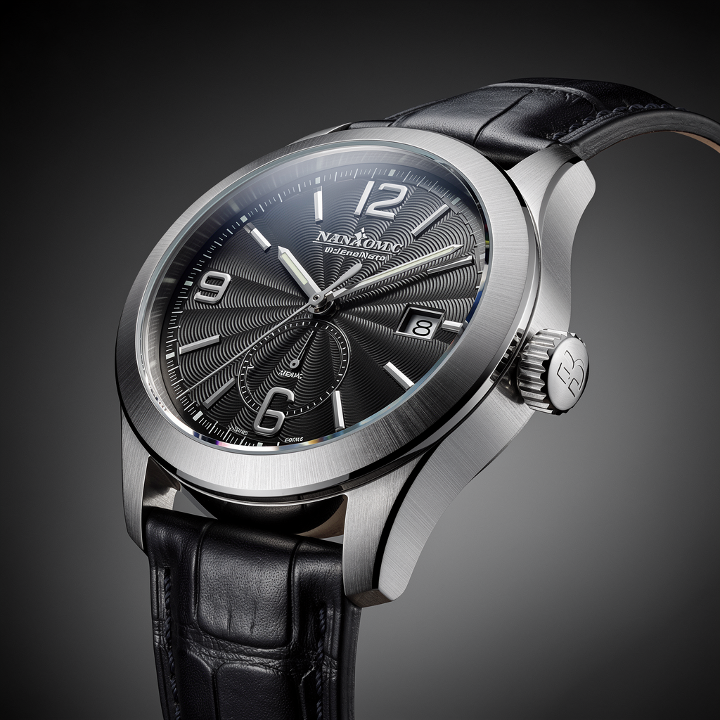 FLUX.2 Max ($0.070) - Ultra high resolution product photograph of a luxury watch, every microscopic detail of the dial visible, sapphire crystal catching light, brushed steel texture on case, leather strap grain visible, zero noise, magazine quality