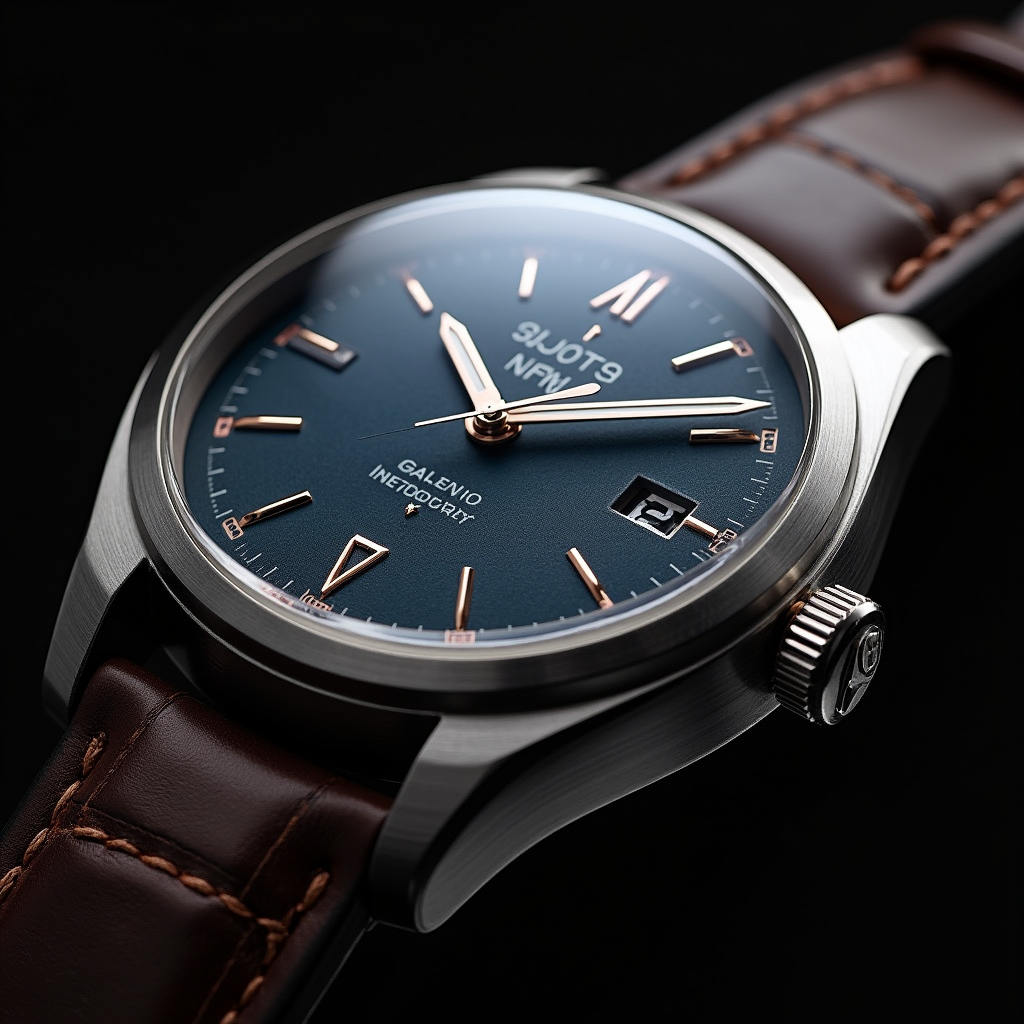 Flux Dev ($0.003) - Ultra high resolution product photograph of a luxury watch, every microscopic detail of the dial visible, sapphire crystal catching light, brushed steel texture on case, leather strap grain visible, zero noise, magazine quality