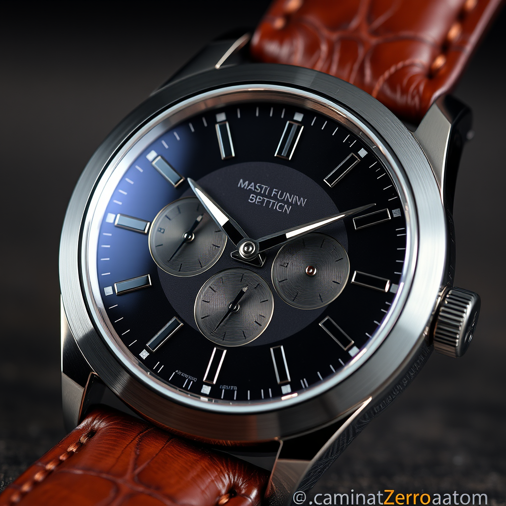 Flux Schnell ($0.001) - Ultra high resolution product photograph of a luxury watch, every microscopic detail of the dial visible, sapphire crystal catching light, brushed steel texture on case, leather strap grain visible, zero noise, magazine quality