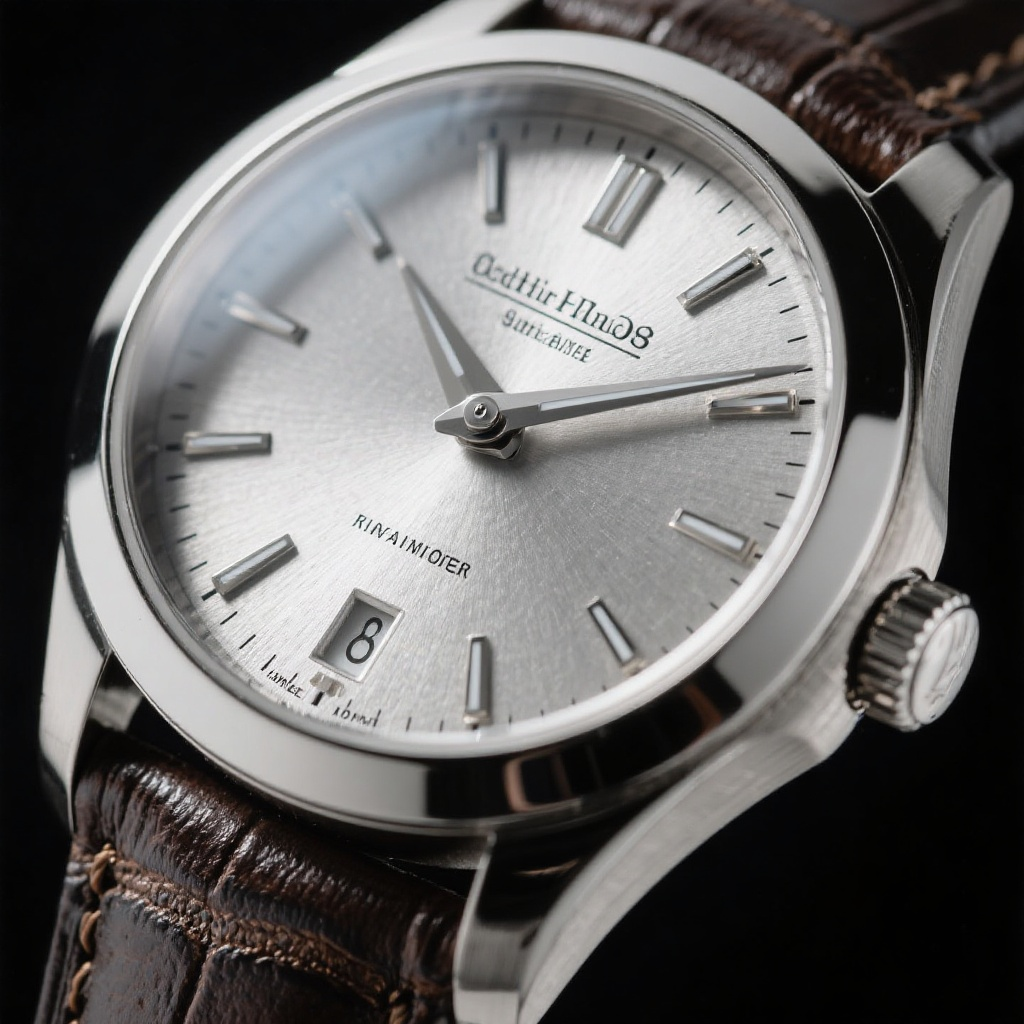 Seedream 3.0 ($0.018) - Ultra high resolution product photograph of a luxury watch, every microscopic detail of the dial visible, sapphire crystal catching light, brushed steel texture on case, leather strap grain visible, zero noise, magazine quality