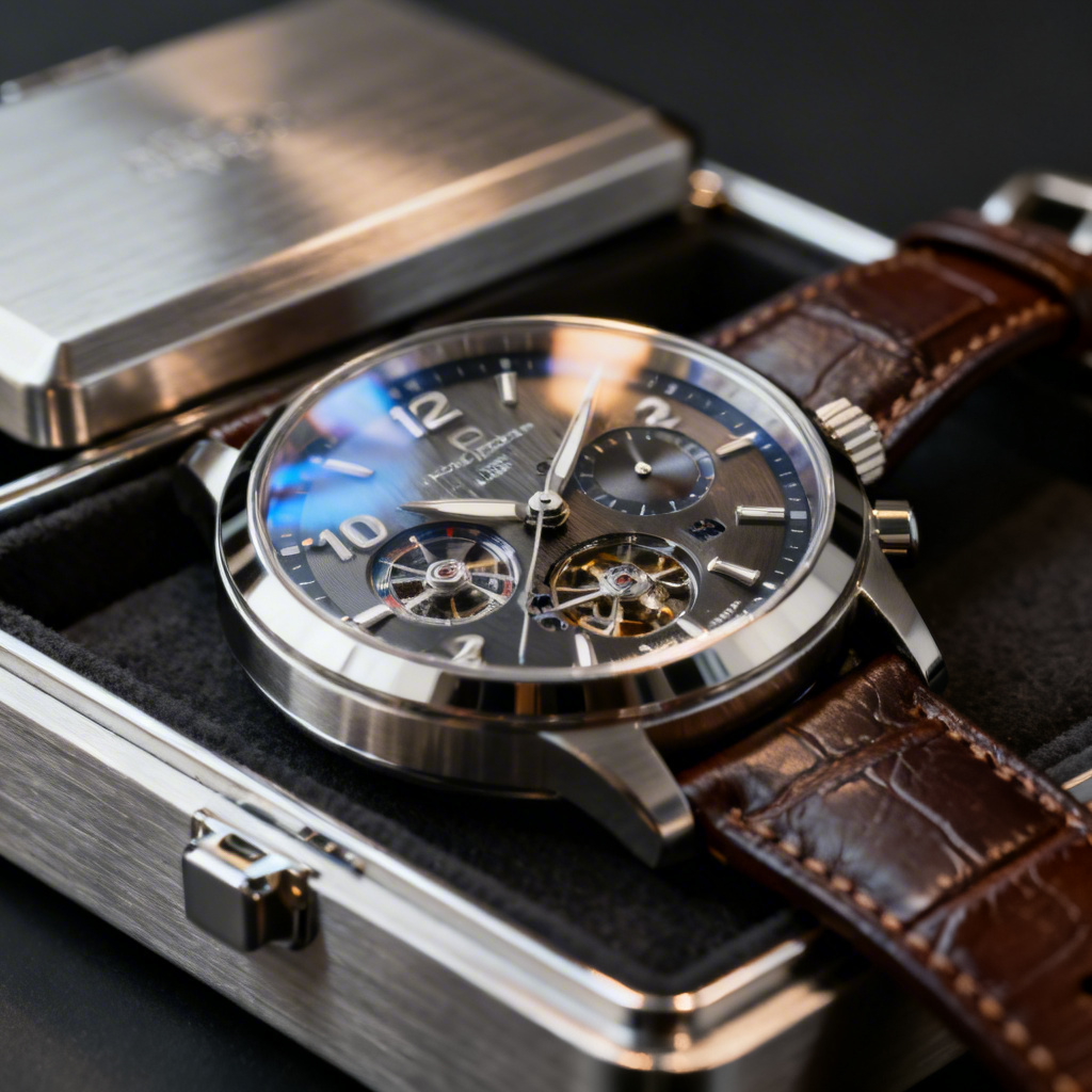Seedream 4.0 ($0.030) - Ultra high resolution product photograph of a luxury watch, every microscopic detail of the dial visible, sapphire crystal catching light, brushed steel texture on case, leather strap grain visible, zero noise, magazine quality