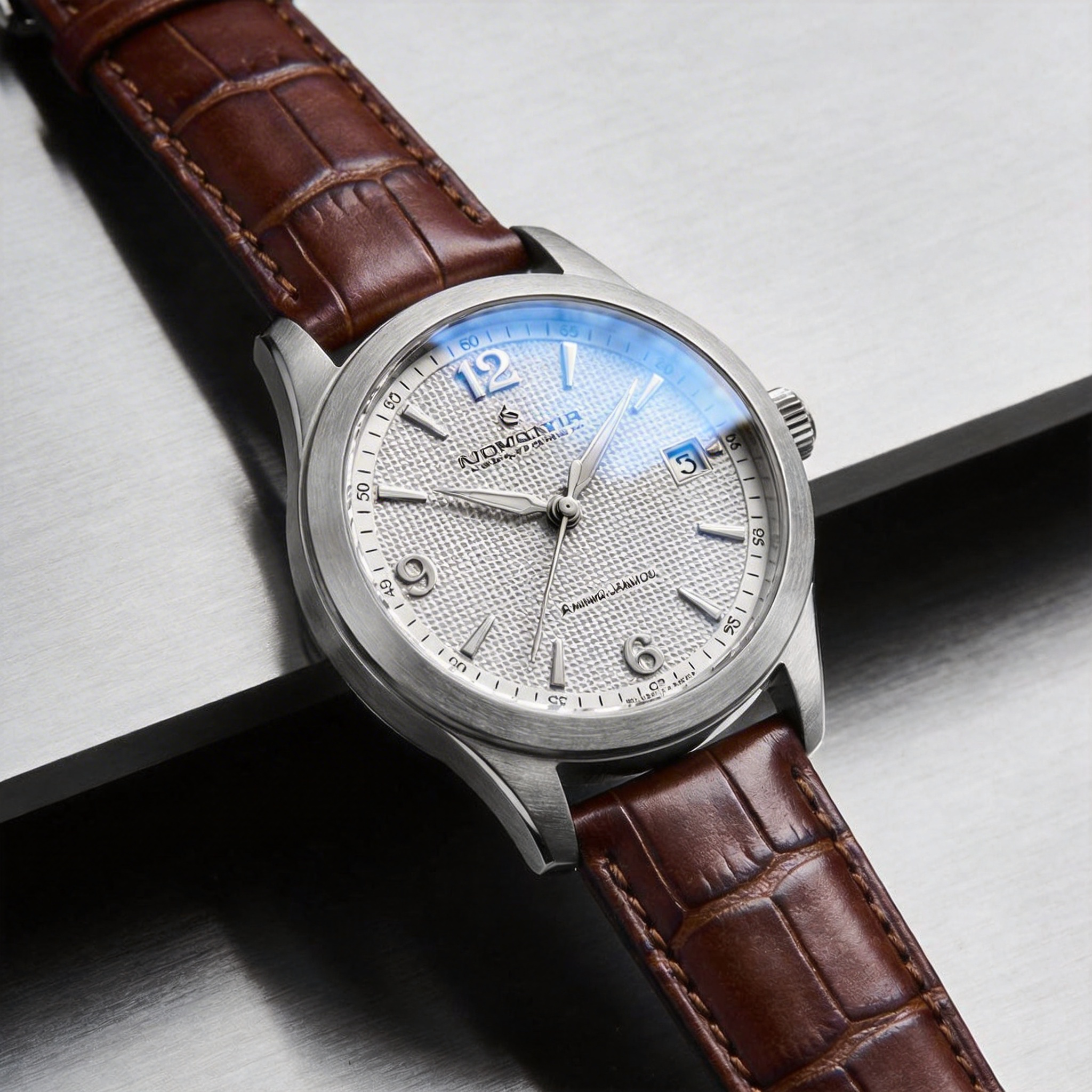 Seedream 4.5 ($0.040) - Ultra high resolution product photograph of a luxury watch, every microscopic detail of the dial visible, sapphire crystal catching light, brushed steel texture on case, leather strap grain visible, zero noise, magazine quality