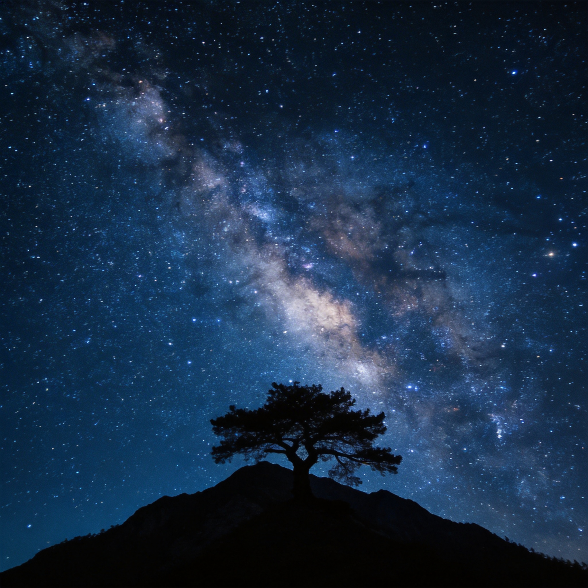 Seedream 4.5 - Night photography of stars, zero noise, pinpoint stars not smeared, Milky Way visible, foreground silhouette