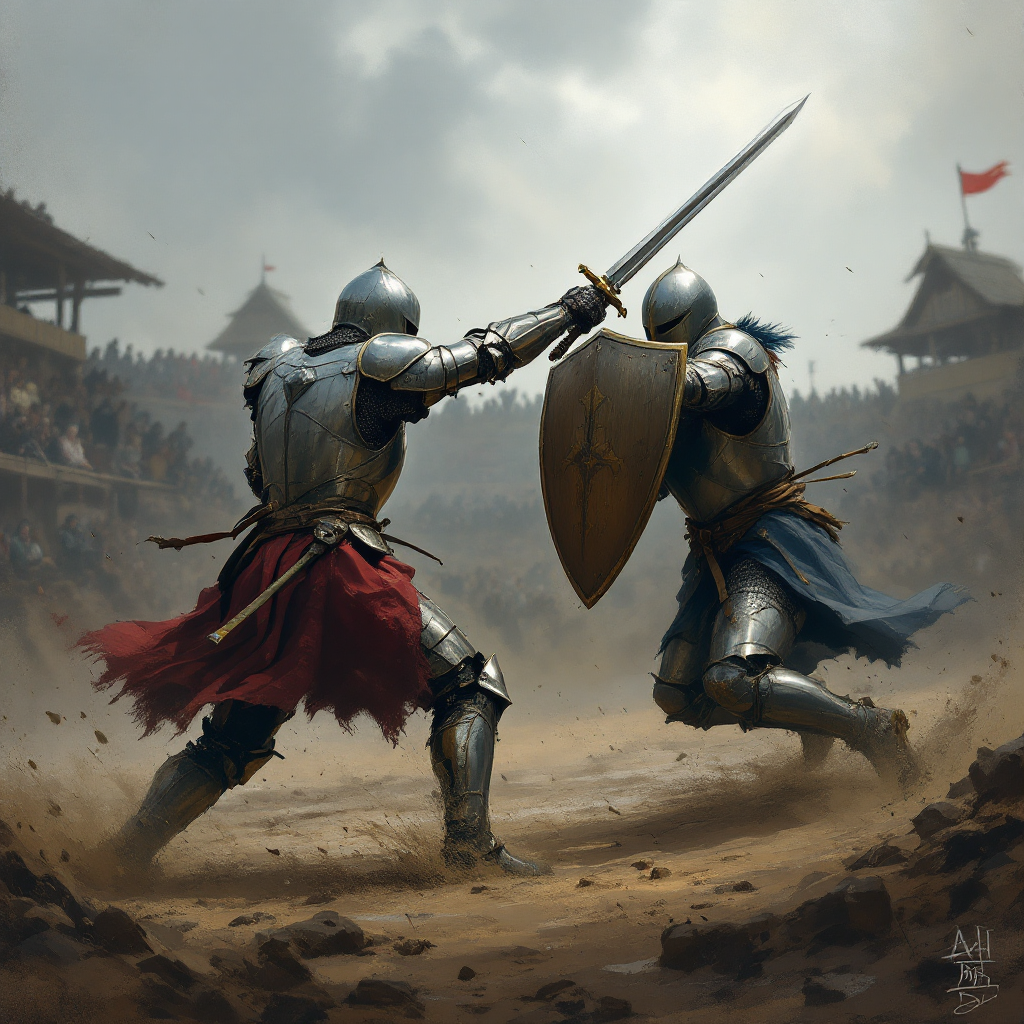 FLUX 1.1 Pro - Concept art battle scene of two armored knights locked in combat on a muddy medieval tournament field, the attacking knight lunging forward with a longsword in a high guard transitioning to an overhead strike, weight committed to the front foot with rear leg pushing off, the defending knight raising a kite shield at a forty-five degree angle to deflect while simultaneously drawing back a mace for a counter-strike, both figures showing anatomically correct joint articulation through gaps in plate armor, spectators visible on wooden stands in the background, overcast sky with diffused lighting, painterly rendering with visible brushwork in the style of Craig Mullins