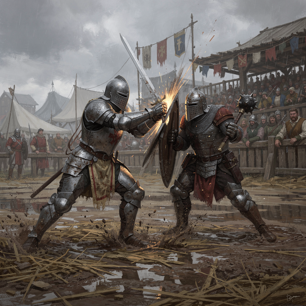 FLUX.2 Max - Concept art battle scene of two armored knights locked in combat on a muddy medieval tournament field, the attacking knight lunging forward with a longsword in a high guard transitioning to an overhead strike, weight committed to the front foot with rear leg pushing off, the defending knight raising a kite shield at a forty-five degree angle to deflect while simultaneously drawing back a mace for a counter-strike, both figures showing anatomically correct joint articulation through gaps in plate armor, spectators visible on wooden stands in the background, overcast sky with diffused lighting, painterly rendering with visible brushwork in the style of Craig Mullins