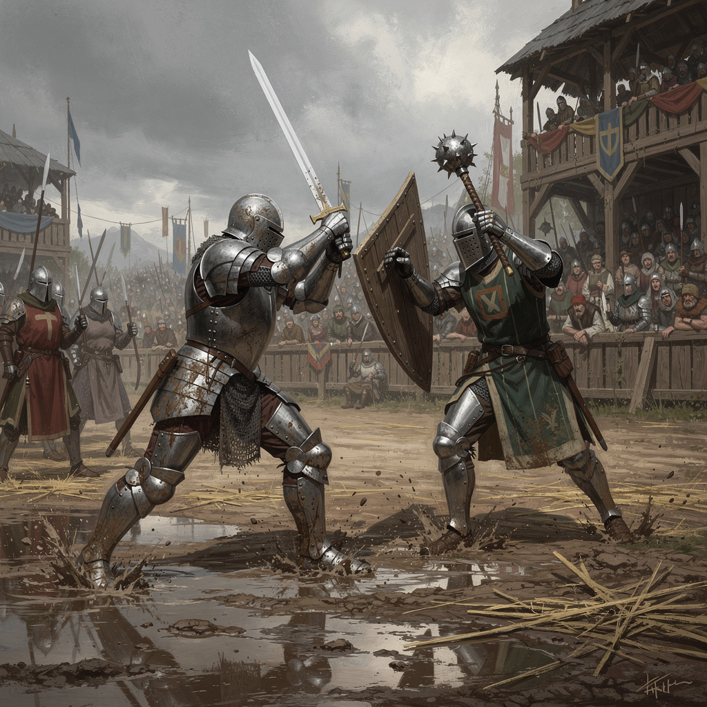 FLUX.2 Pro - Concept art battle scene of two armored knights locked in combat on a muddy medieval tournament field, the attacking knight lunging forward with a longsword in a high guard transitioning to an overhead strike, weight committed to the front foot with rear leg pushing off, the defending knight raising a kite shield at a forty-five degree angle to deflect while simultaneously drawing back a mace for a counter-strike, both figures showing anatomically correct joint articulation through gaps in plate armor, spectators visible on wooden stands in the background, overcast sky with diffused lighting, painterly rendering with visible brushwork in the style of Craig Mullins