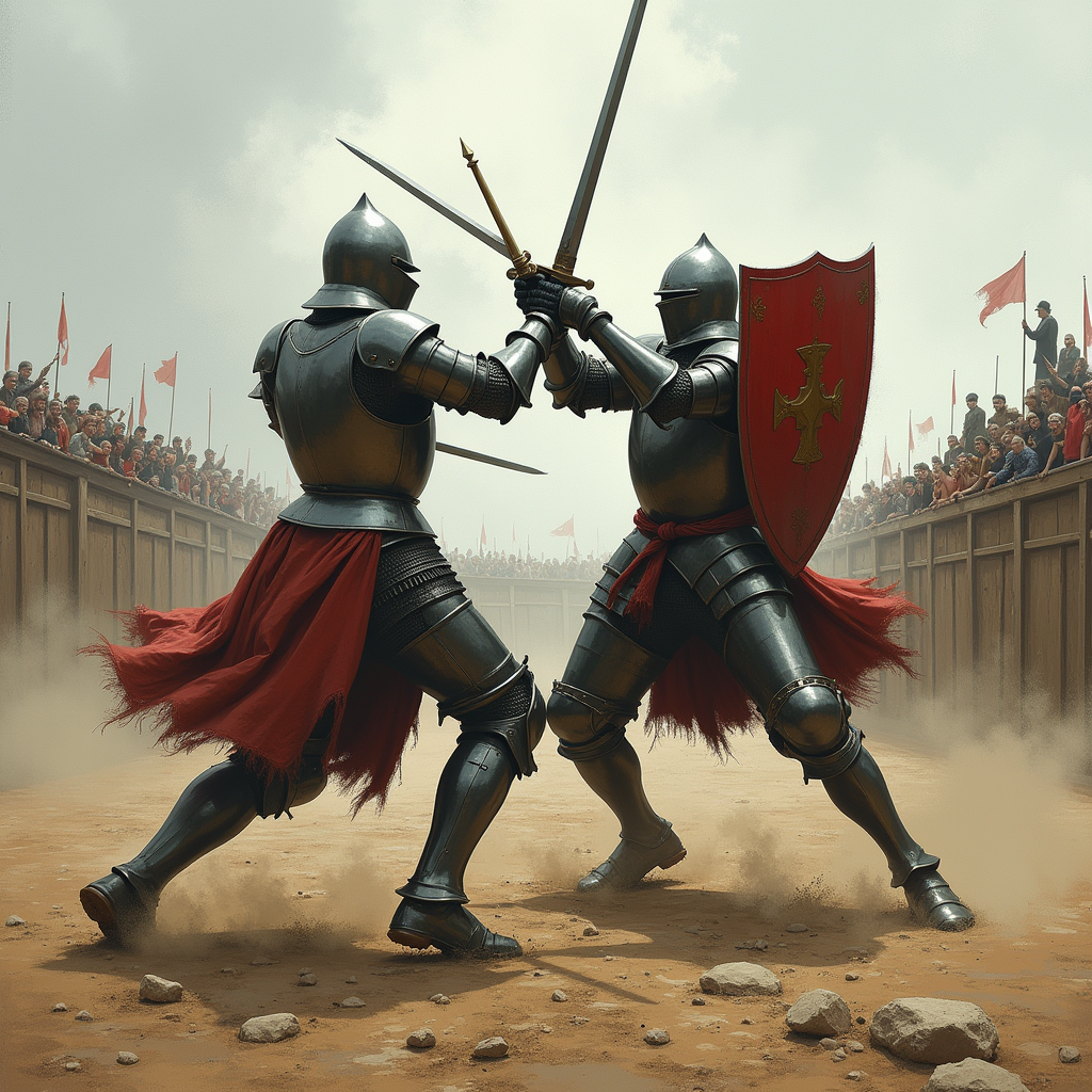 Flux Dev - Concept art battle scene of two armored knights locked in combat on a muddy medieval tournament field, the attacking knight lunging forward with a longsword in a high guard transitioning to an overhead strike, weight committed to the front foot with rear leg pushing off, the defending knight raising a kite shield at a forty-five degree angle to deflect while simultaneously drawing back a mace for a counter-strike, both figures showing anatomically correct joint articulation through gaps in plate armor, spectators visible on wooden stands in the background, overcast sky with diffused lighting, painterly rendering with visible brushwork in the style of Craig Mullins