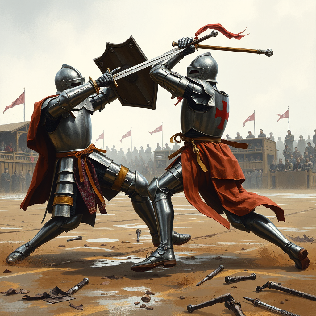 Flux Schnell - Concept art battle scene of two armored knights locked in combat on a muddy medieval tournament field, the attacking knight lunging forward with a longsword in a high guard transitioning to an overhead strike, weight committed to the front foot with rear leg pushing off, the defending knight raising a kite shield at a forty-five degree angle to deflect while simultaneously drawing back a mace for a counter-strike, both figures showing anatomically correct joint articulation through gaps in plate armor, spectators visible on wooden stands in the background, overcast sky with diffused lighting, painterly rendering with visible brushwork in the style of Craig Mullins