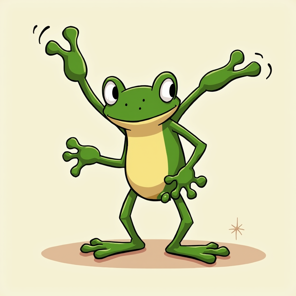 Flux Dev - Cartoon frog doing a handstand, wobbly arms, Cuphead style