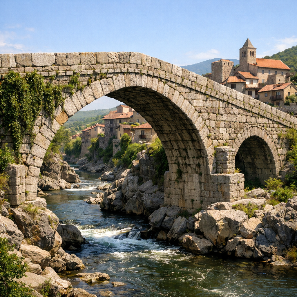 GPT Image 1.5 - Ancient stone bridge spanning a river gorge, three arches with the center arch largest, moss-covered keystones, weathered sandstone texture, morning mist rising from the river below, trees growing from cracks in the bridge surface