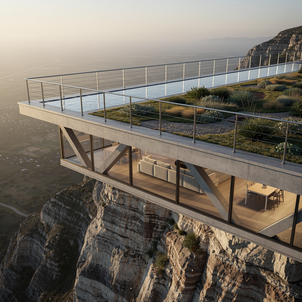 FLUX.2 Pro - Photorealistic 3D render of a modern cantilevered house extending over a cliff edge, the building's structural concrete beams clearly visible in the exposed lower section showing how the cantilever distributes load back to the anchored portion embedded in the hillside, floor-to-ceiling glass walls on the extended section revealing a minimalist interior, an infinity pool on the rooftop terrace with water appearing to spill over the cliff edge, steel cable railings under appropriate tension, native vegetation growing on the green roof section, dramatic late afternoon lighting with the sun low on the horizon casting long shadows across the cliff face, rendered in Octane with physically accurate material properties and global illumination