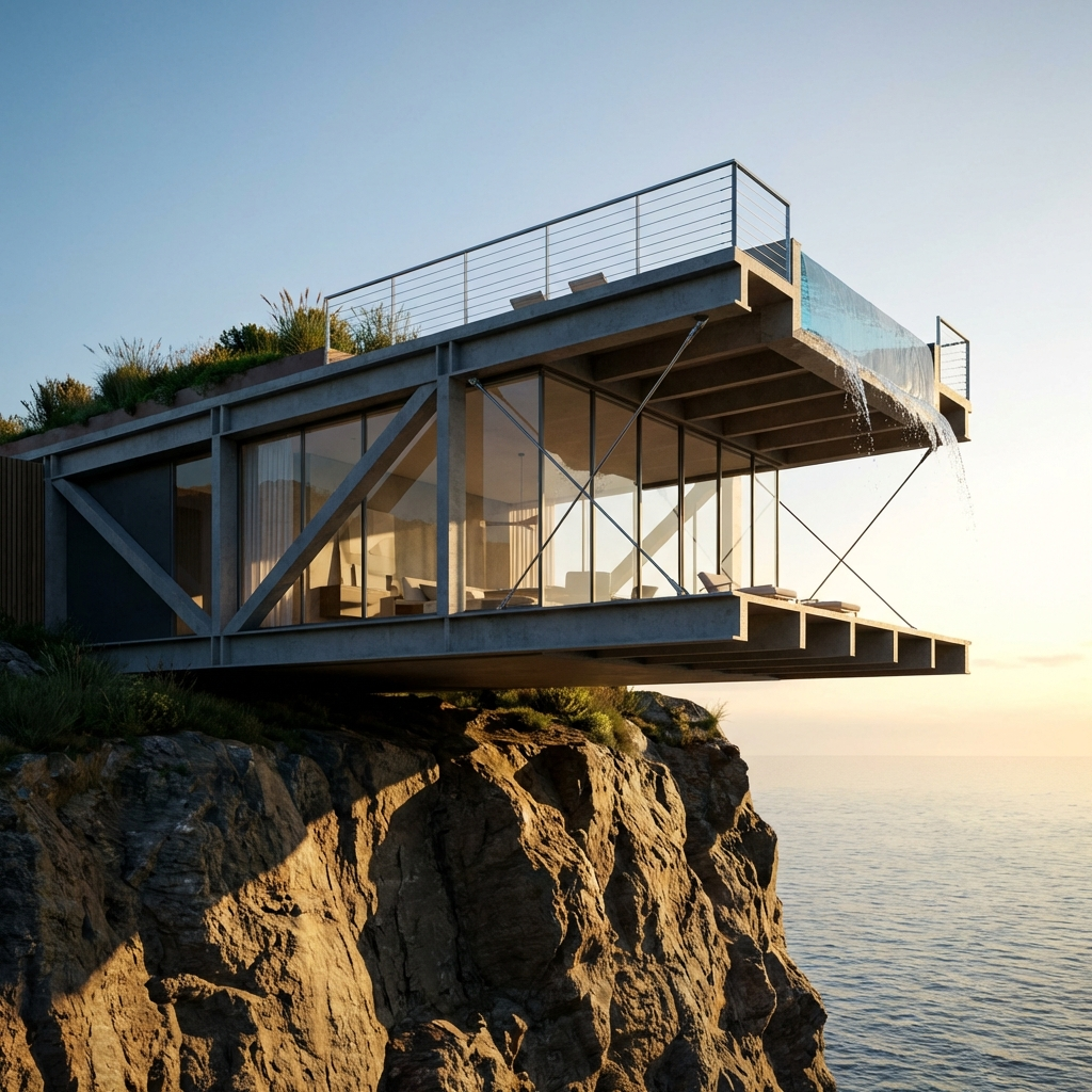 Nano Banana Pro - Photorealistic 3D render of a modern cantilevered house extending over a cliff edge, the building's structural concrete beams clearly visible in the exposed lower section showing how the cantilever distributes load back to the anchored portion embedded in the hillside, floor-to-ceiling glass walls on the extended section revealing a minimalist interior, an infinity pool on the rooftop terrace with water appearing to spill over the cliff edge, steel cable railings under appropriate tension, native vegetation growing on the green roof section, dramatic late afternoon lighting with the sun low on the horizon casting long shadows across the cliff face, rendered in Octane with physically accurate material properties and global illumination