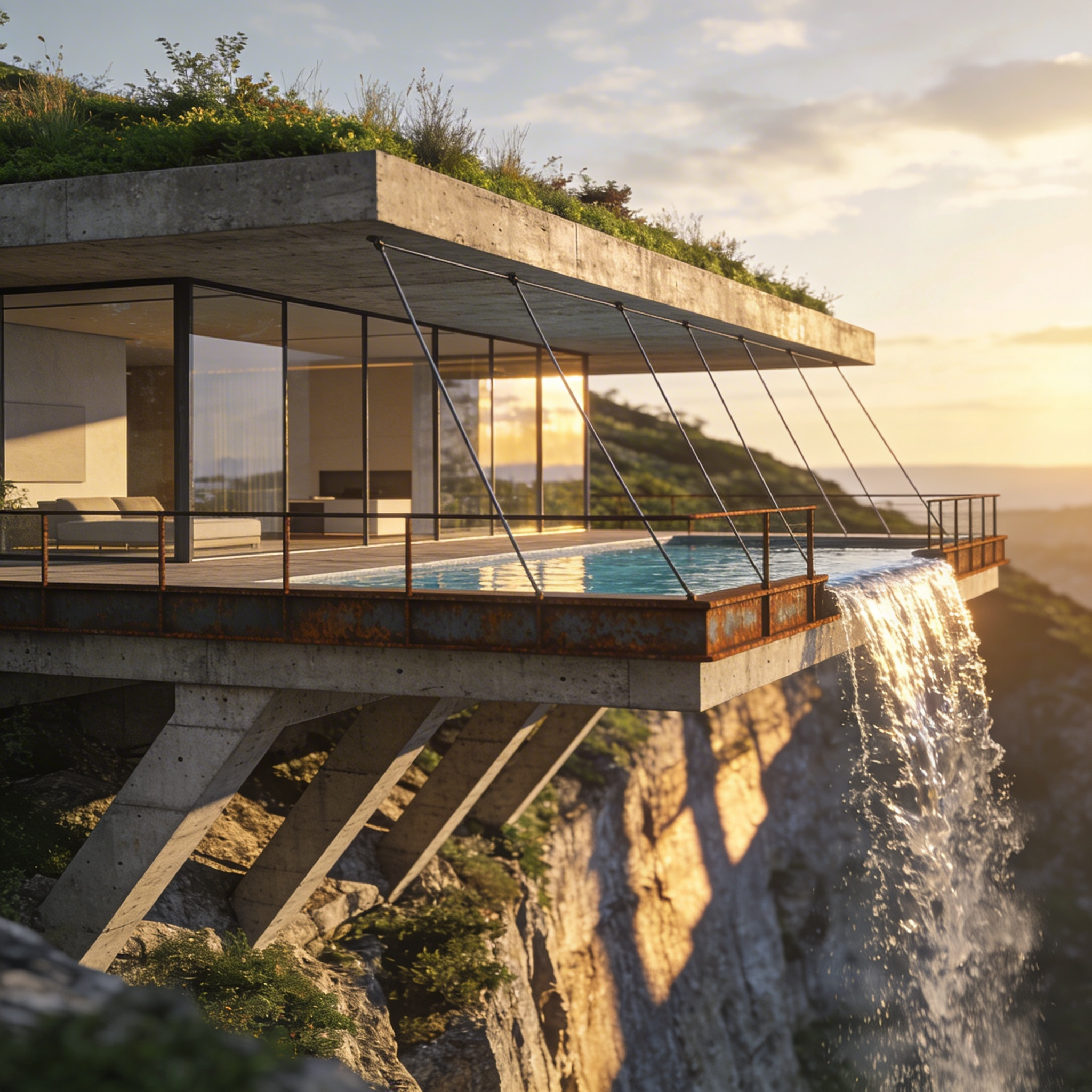 Seedream 4.5 - Photorealistic 3D render of a modern cantilevered house extending over a cliff edge, the building's structural concrete beams clearly visible in the exposed lower section showing how the cantilever distributes load back to the anchored portion embedded in the hillside, floor-to-ceiling glass walls on the extended section revealing a minimalist interior, an infinity pool on the rooftop terrace with water appearing to spill over the cliff edge, steel cable railings under appropriate tension, native vegetation growing on the green roof section, dramatic late afternoon lighting with the sun low on the horizon casting long shadows across the cliff face, rendered in Octane with physically accurate material properties and global illumination